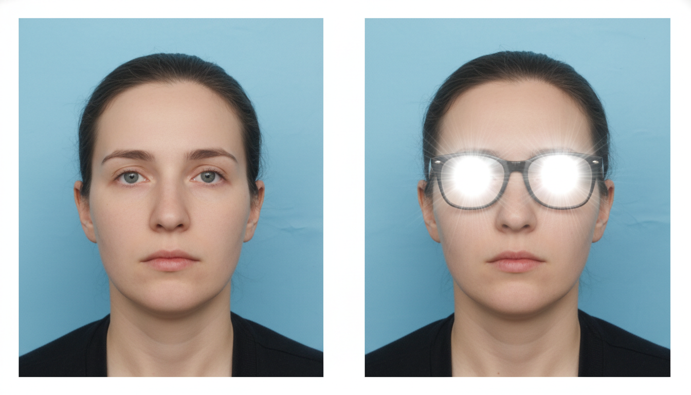 A clear, compliant passport photo next to a photo with glasses showing reflections, illustrating the difference between correct and incor...