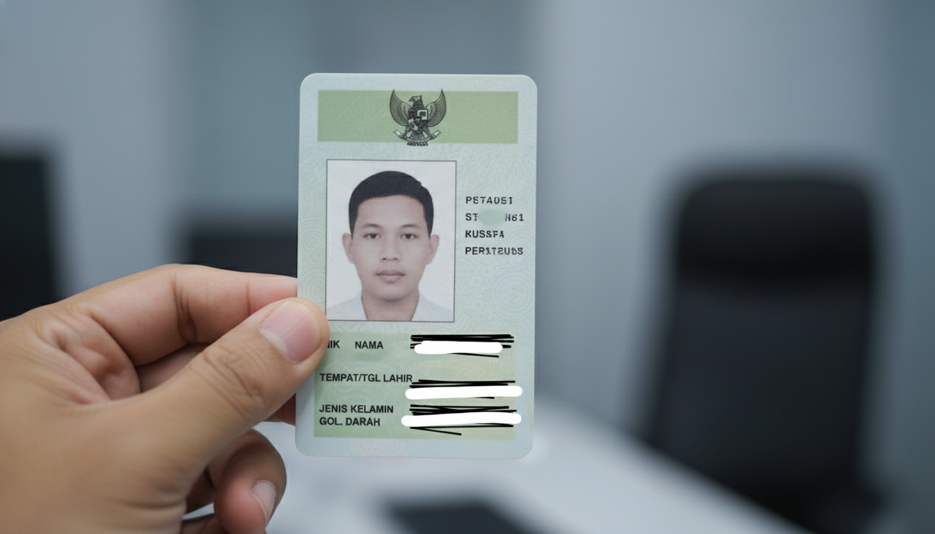 A person holding up an Indonesian KTP, with a clear, well-taken photo visible, symbolizing identity and official documentation.