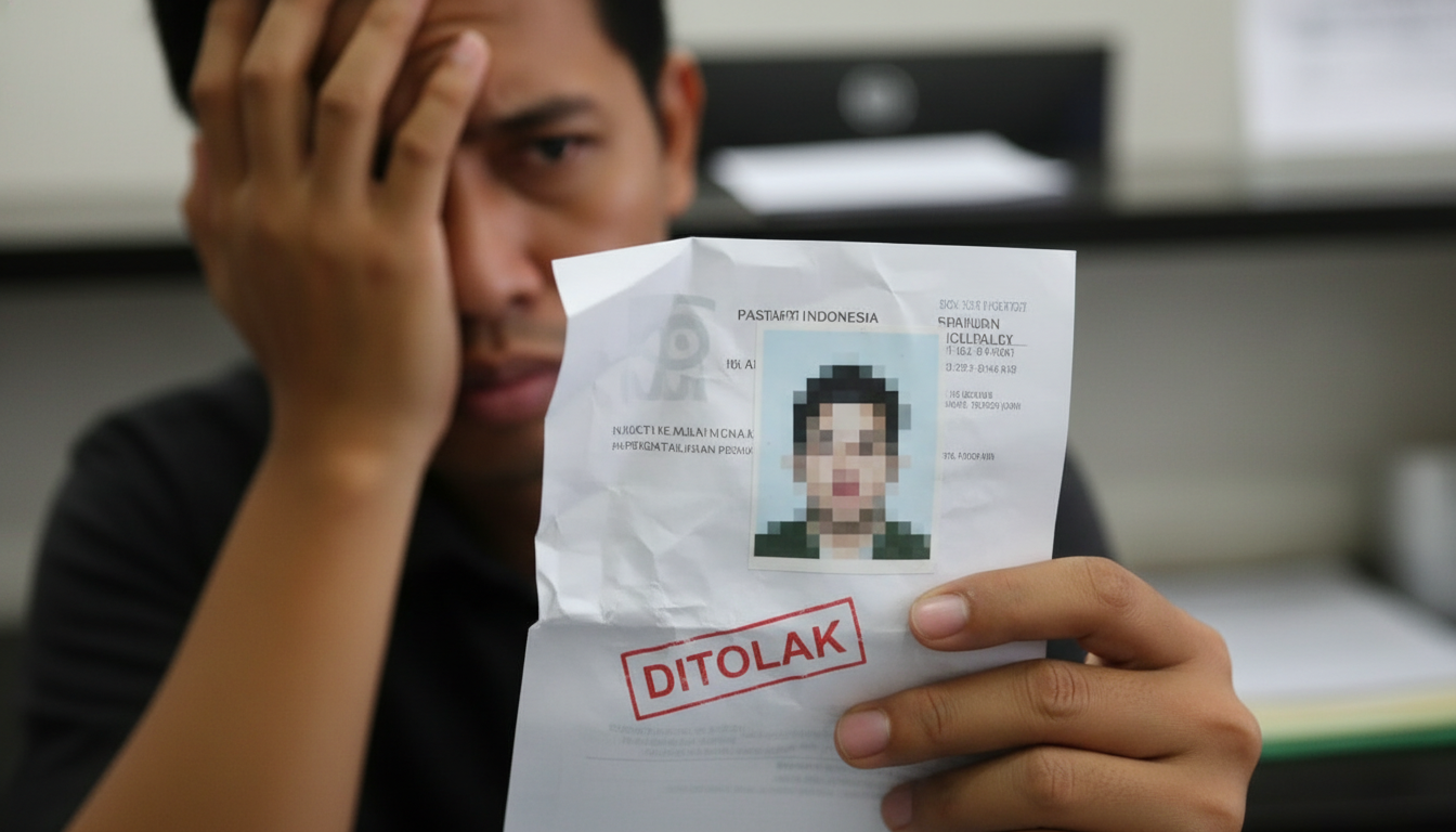 A person looking disappointed or frustrated while holding a rejected passport application form, with a blurry or distorted passport photo...