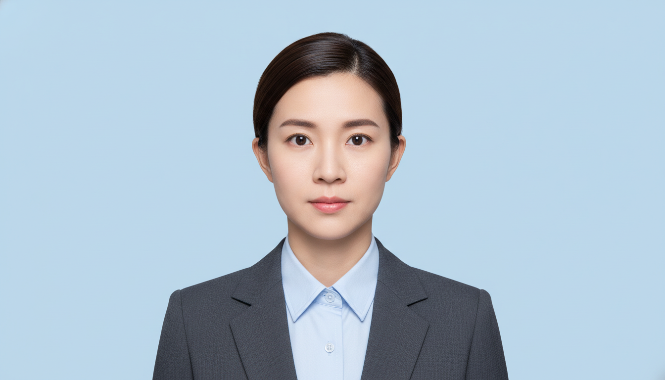 A person looking neat and professional for a passport photo, with a focus on their upper body and head.