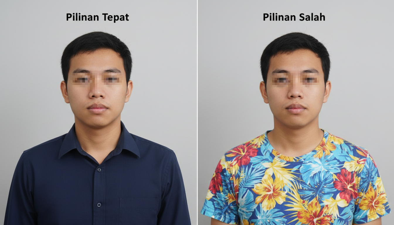 A collage or comparison showing examples of appropriate and inappropriate shirt choices for passport photos.