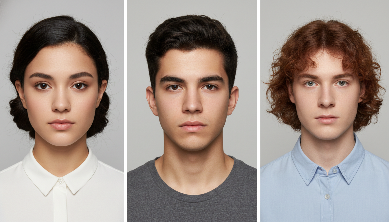 A visual guide demonstrating different acceptable hairstyles for passport photos, emphasizing hair pulled back or neat.