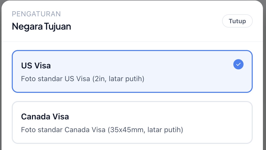 Pilihan negara tujuan untuk template visa